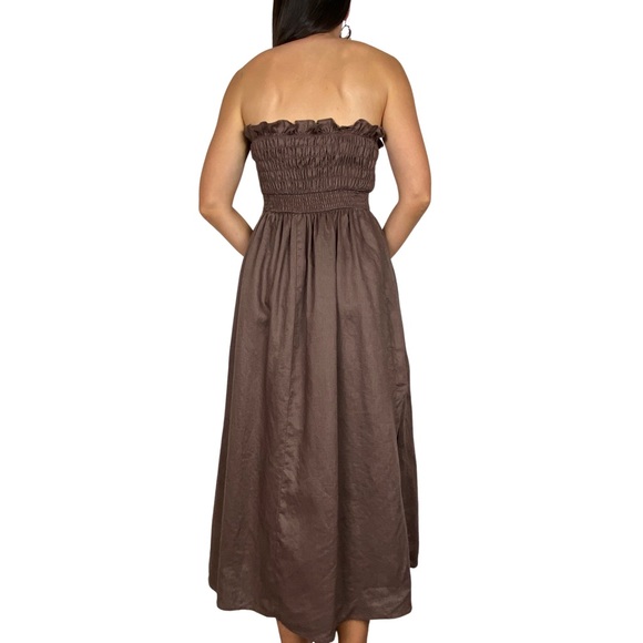 DISSH 'Thea' Chocolate Strapless 100% Linen Shirred Pleated Midi Dress Size 10 - Picture 5 of 13